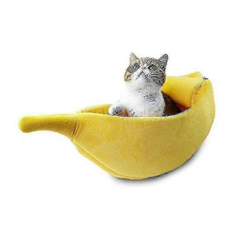 Chenil pour chat en forme de banane - Lit d’hiver chaud pour chats d’intérieur, taille L (jaune)
