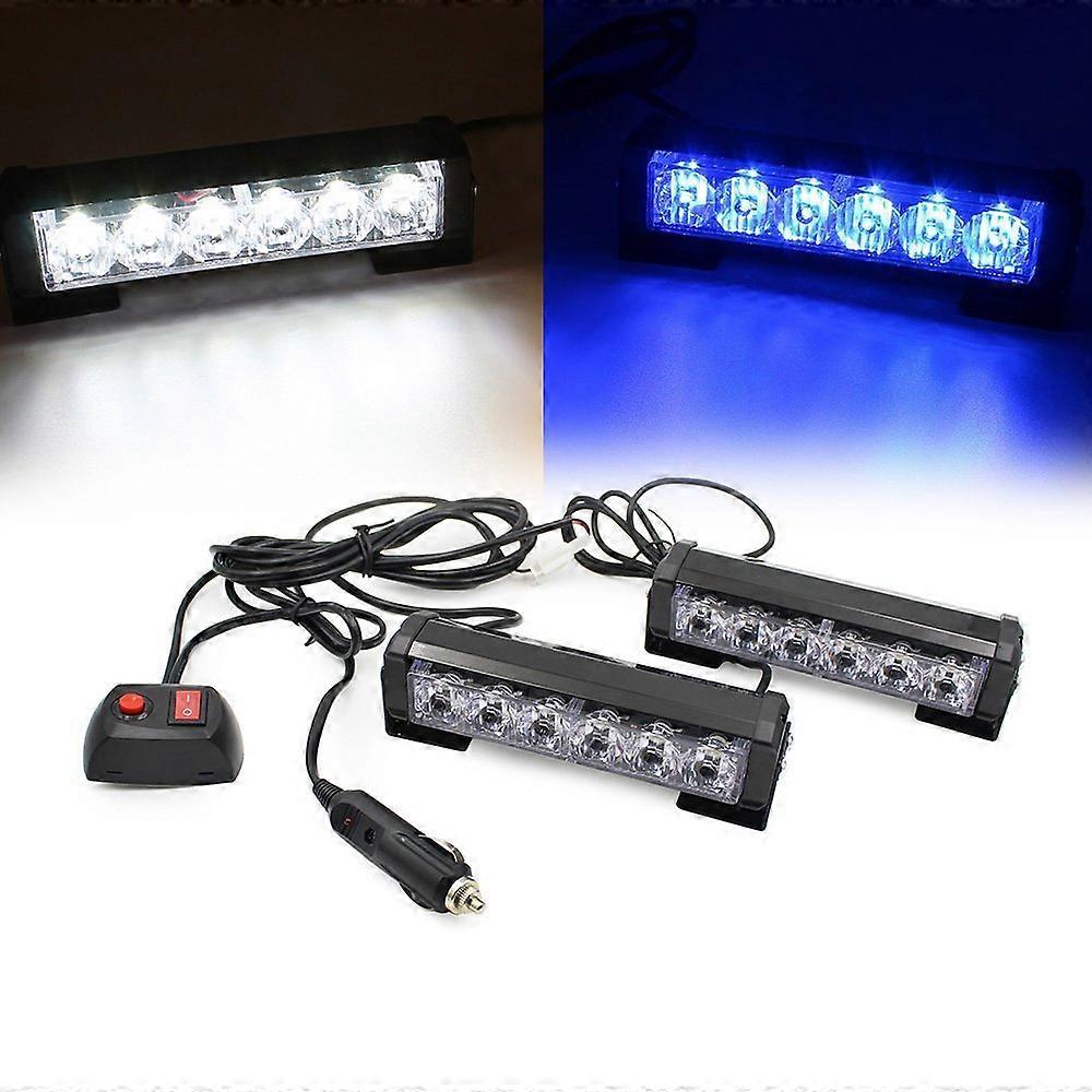 2 X 6 LED 9 Modes Car Truck Vehicle Hazard Emergency Warning Strobe Flash Lights For Interior Roof/Dash/Windshield/Grille/Deck (White/Blue)