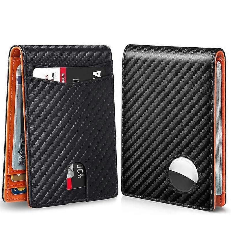 RFID Blocking Slim Bifold Leather Minimalist Front Pocket Wallets for Men with ID Window and AirTag Holder (Carbon/Orange)