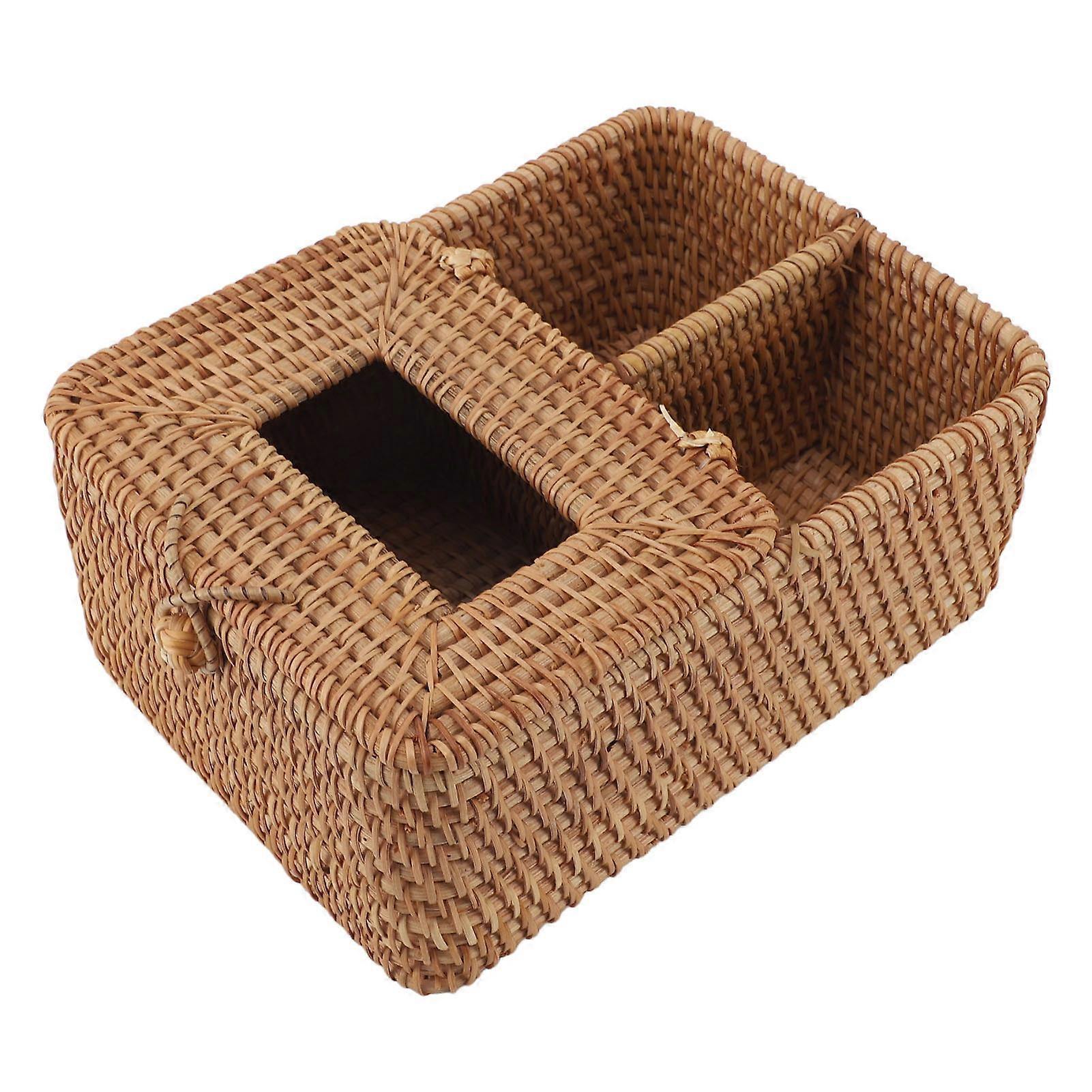 Rattan Tissue Box Square Handmade Decorative Napkin Holder with 2 Compartments Lid Remote Control Storage Organizer 