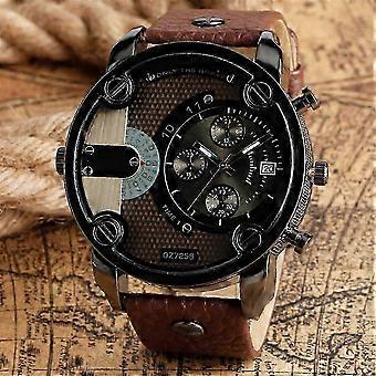 Reloj Hombre Esfera Doble Movimiento Cinturón de Acero Recubierto de Goma Reloj de Cuarzo E café