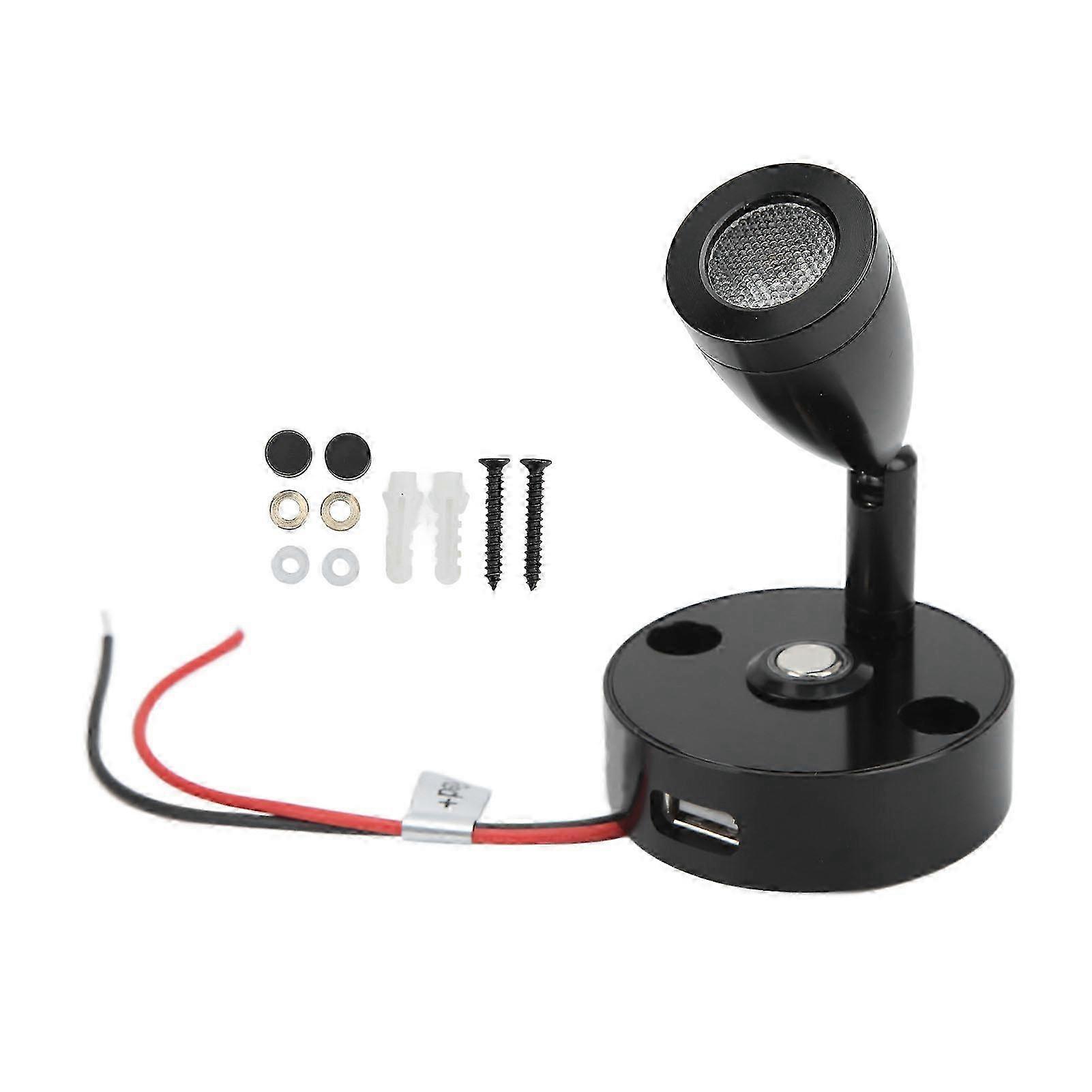 LED RV Reading Light with USB Port, 3 Colors, Touch Dimmer, 12-24V 3W, Black