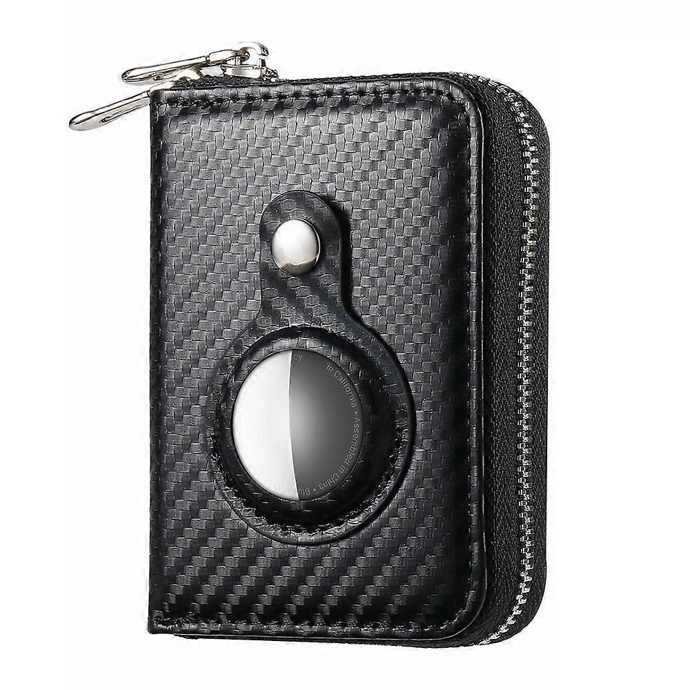 RFID Blocking Card Holder PU Leather Zipper Wallet with Built-in Case for Apple AirTag - Carbon Fibe