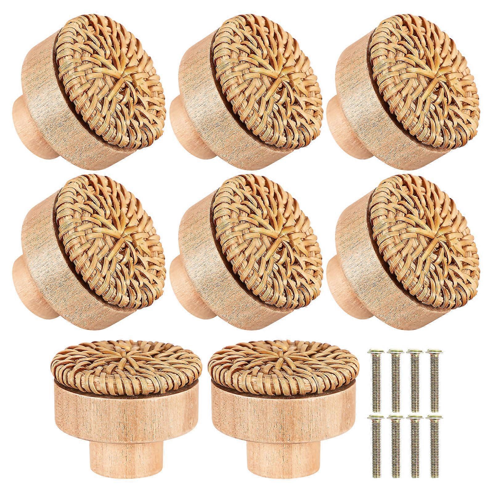 Furniture Handles Knob Rattan Drawer Pulls Woven Round Wood Cabinet Door Pulls Rustic Charm Drawers 8Pcs