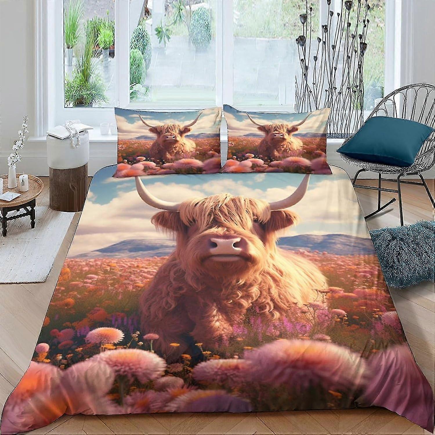Capa de edredom de vaca Highland Capa de edredom impressa em 3D Conjunto de cama de microfibra macia para crianças adolescentes adultos duplo