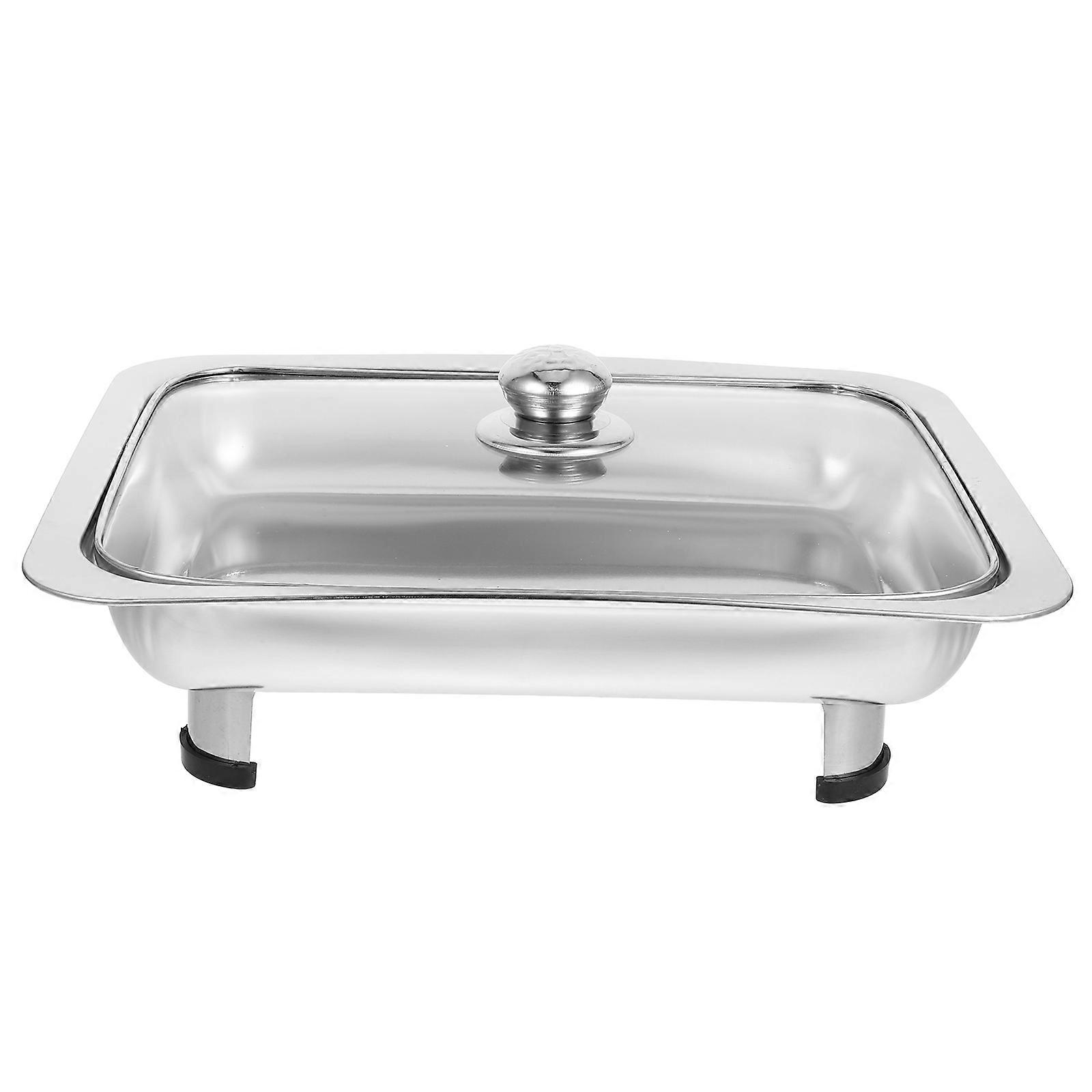 Stainless Steel Buffet Tray with Lidded Cover, Four Leg Food Holder for Catering, Parties, and Events, Easy to Clean, Safe Edges, Rectangular Design