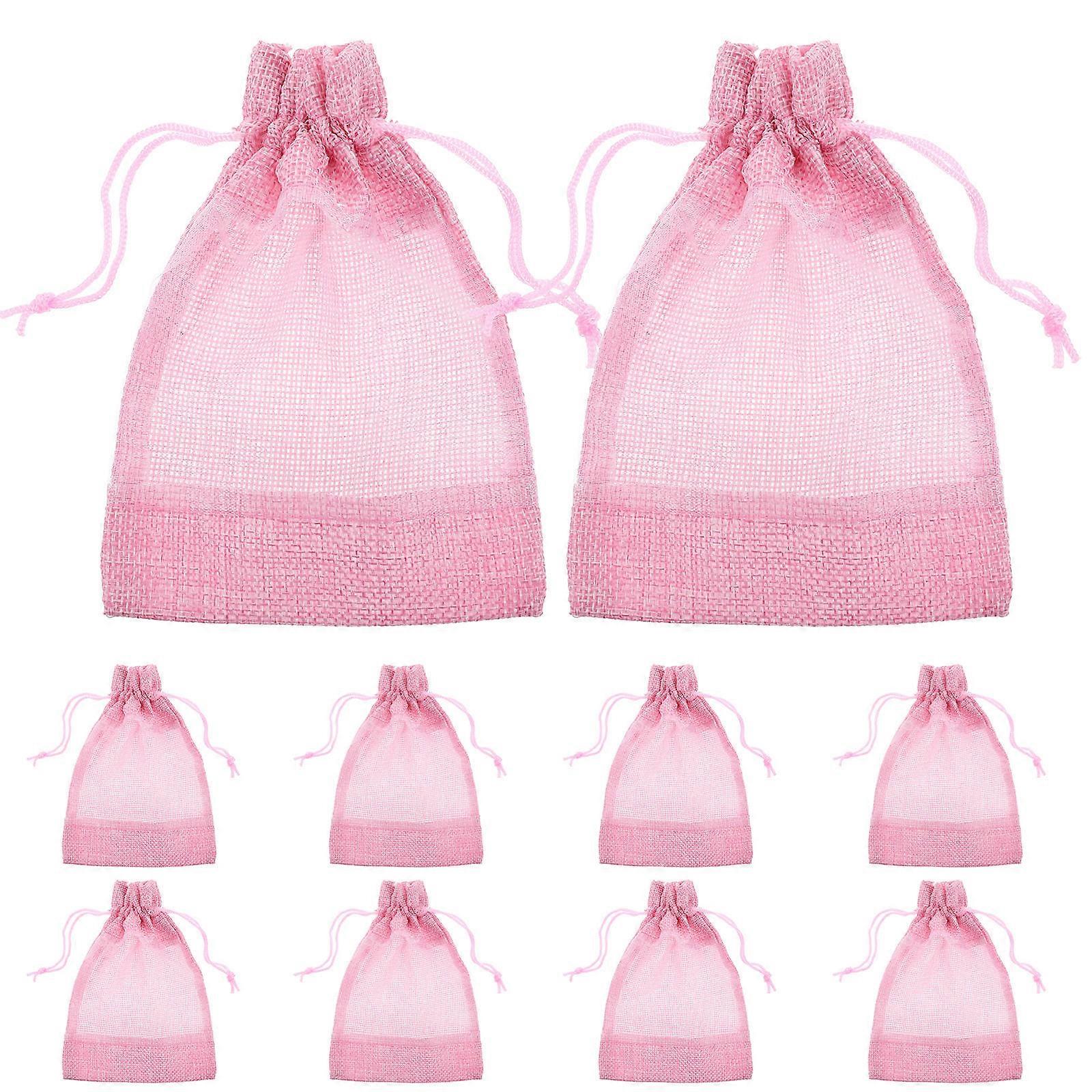 Small Drawstring Bag Clear Window Storage Pouch Organizer Pink 14x10cm For Home Use 10Pcs