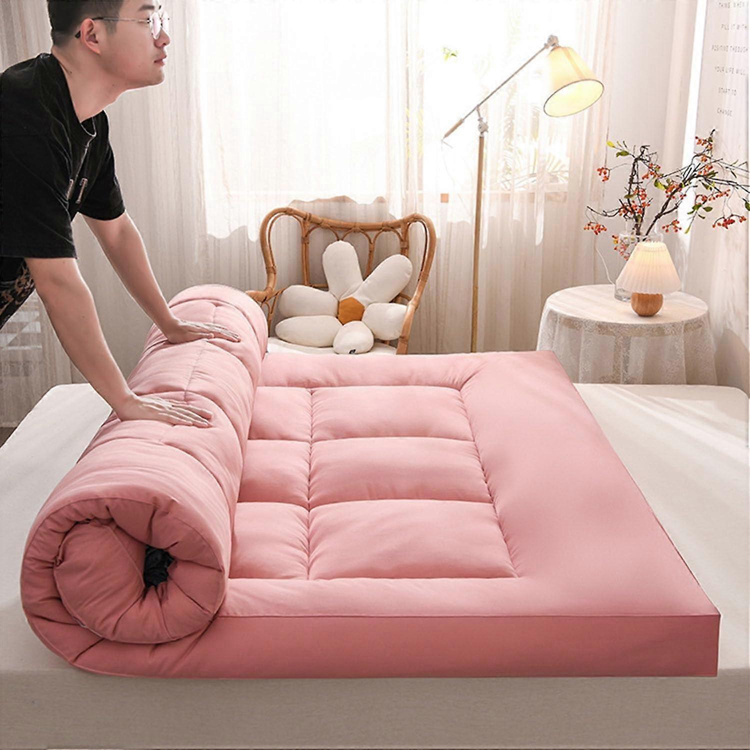 Extra Thick Japanese Futon Mattress 10cm Foldable Roll Up Guest Bed Pad Soft Breathable Sleeping Pad Pain Relief Pink 150x200cm