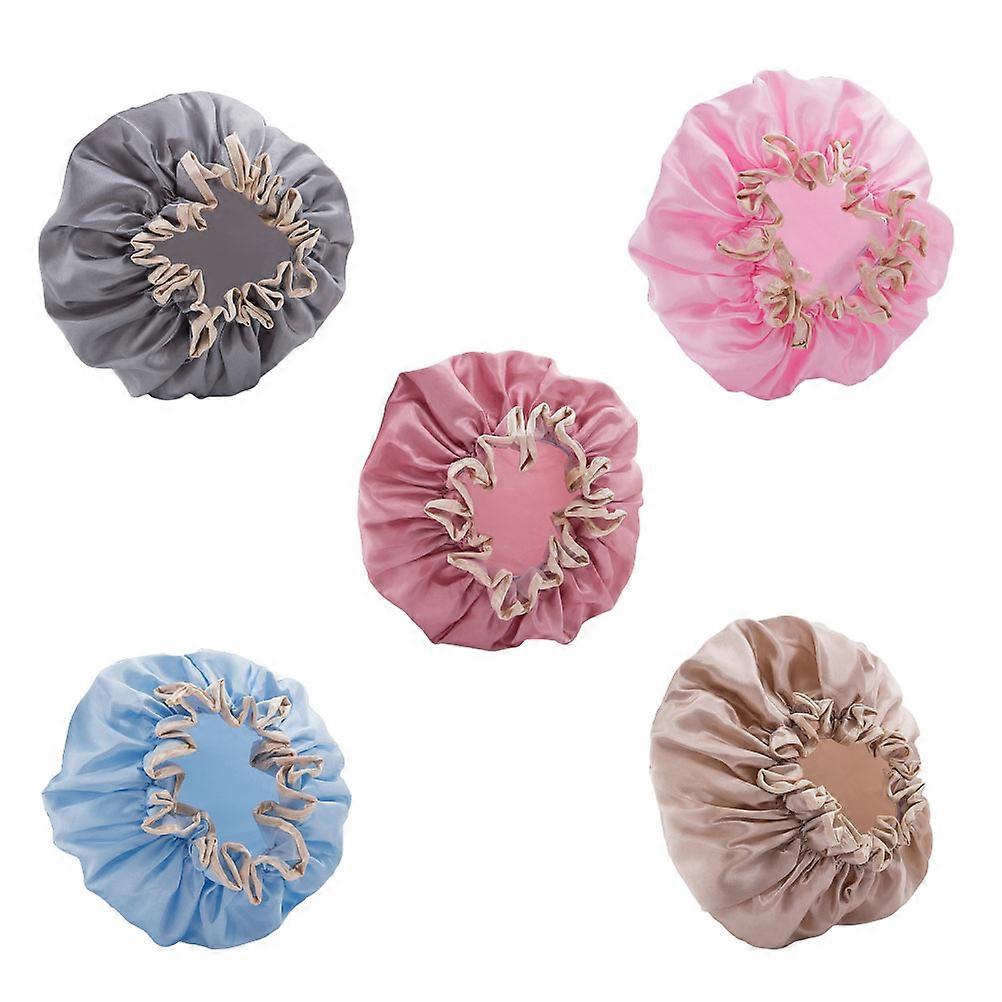 Waterproof Shower Cap Double Layer Colorful Bathing Hat for Adults Diameter 24.5cm Elastic Pink 5Pcs