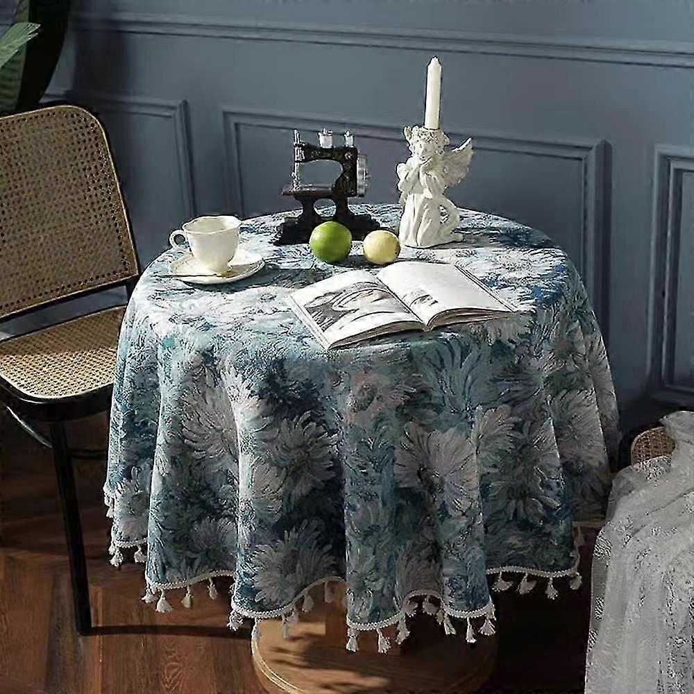 Toalha de Mesa com Estampa de Margarida Azul com Borlas para Decoração de Jantar
