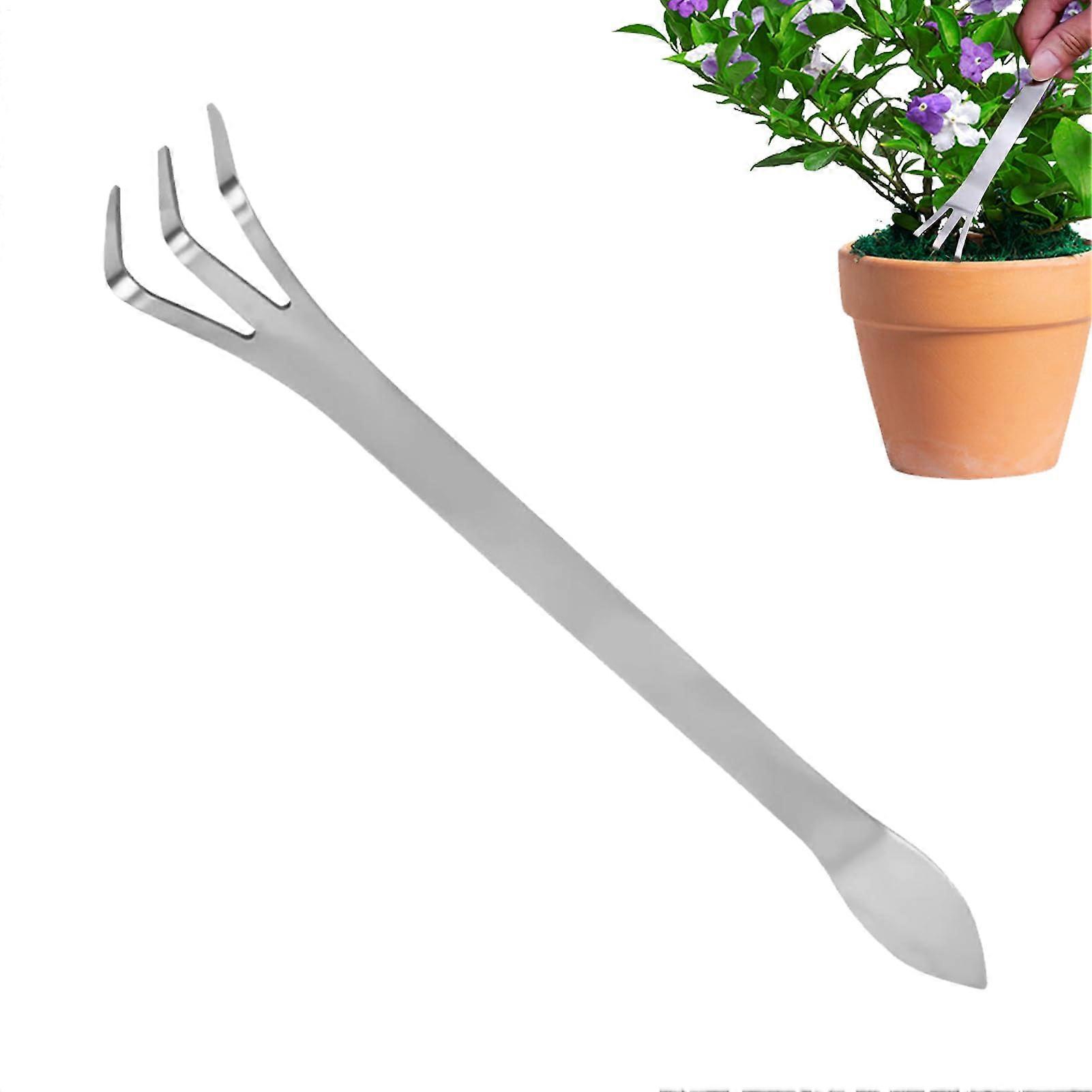Bonsai Rake Tool Stainless Steel Double Head Ergonomic Handle Multi-Purpose Garden Tool for Soil Loosening and Compacting