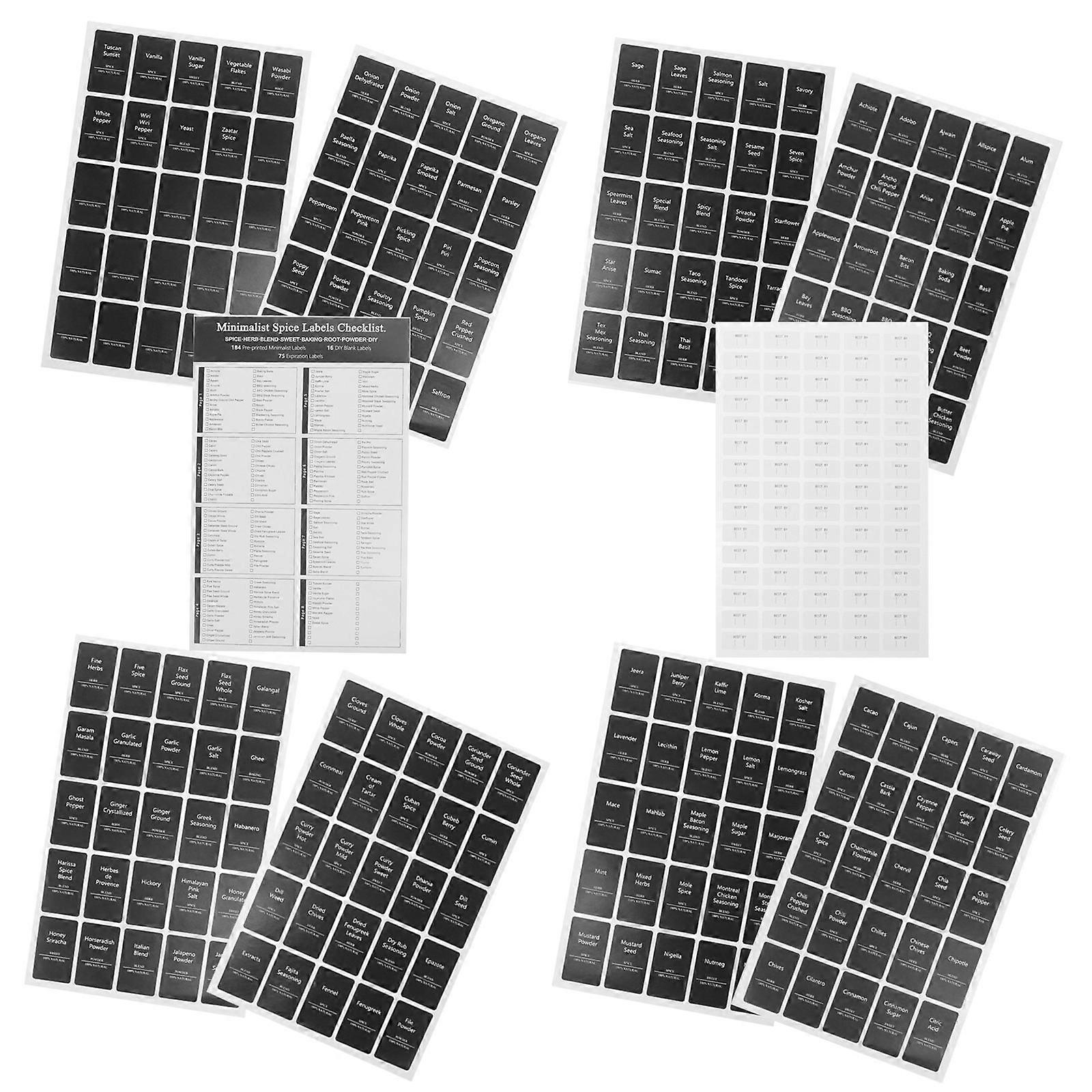 SelfAdhesive Black Preprinted Kitchen Labels for Spice and Seasoning Bottles 6 Sheets PVC