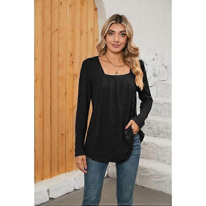 Spring and Autumn Women's Blouse Pleated Square Neck Solid Color Long Sleeve Top