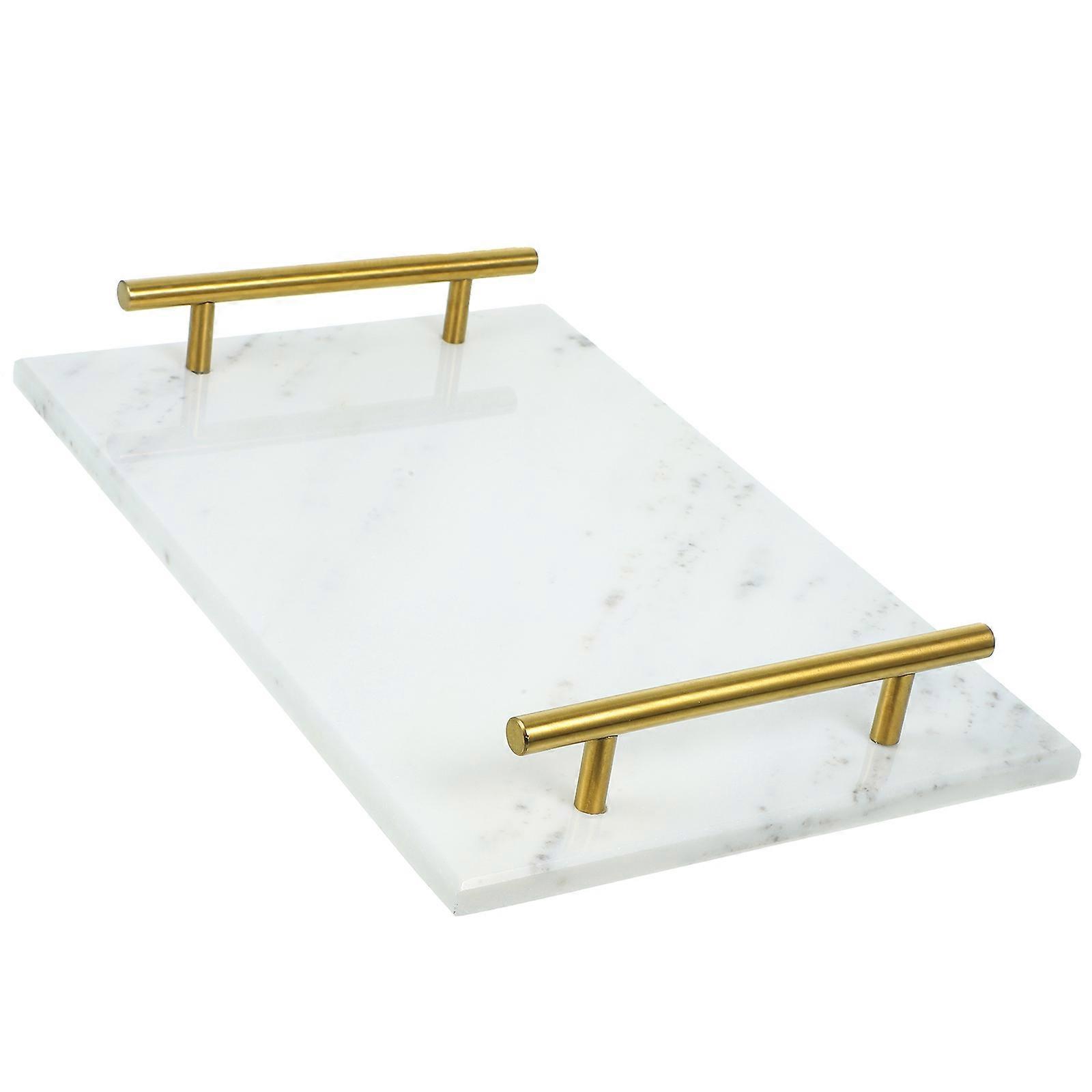 White Marble and Alloy Candy Plate with Handle for Home Snack Drying Fruit Storage Tray 7.8 Inches
