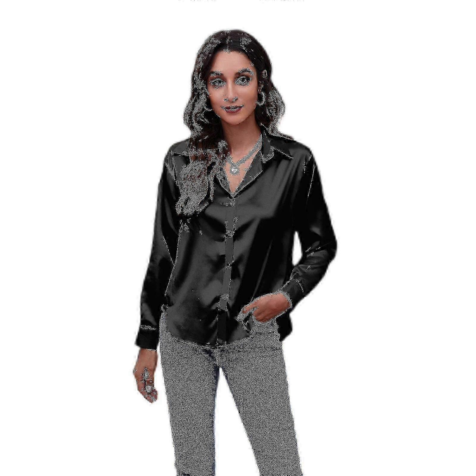 Blusa com decote em V para mulher - Top casual de manga comprida em cetim com botões