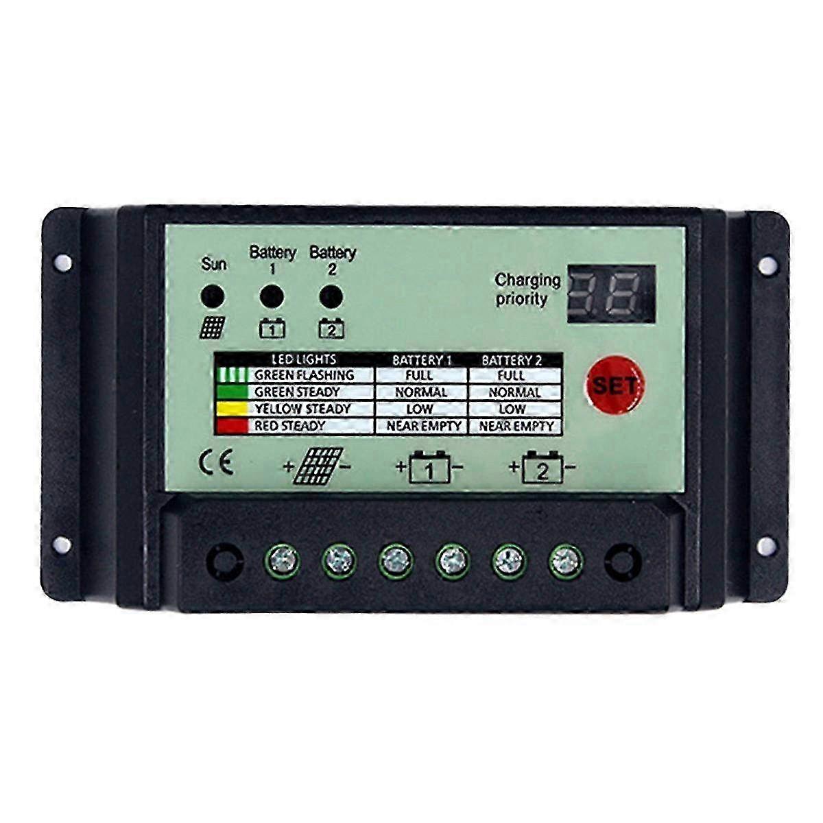 PWM Solar Charge Controller 10A for 12V 24V Dual Battery System, Power Panel Regulator Charger with Auto Adjustable Voltage