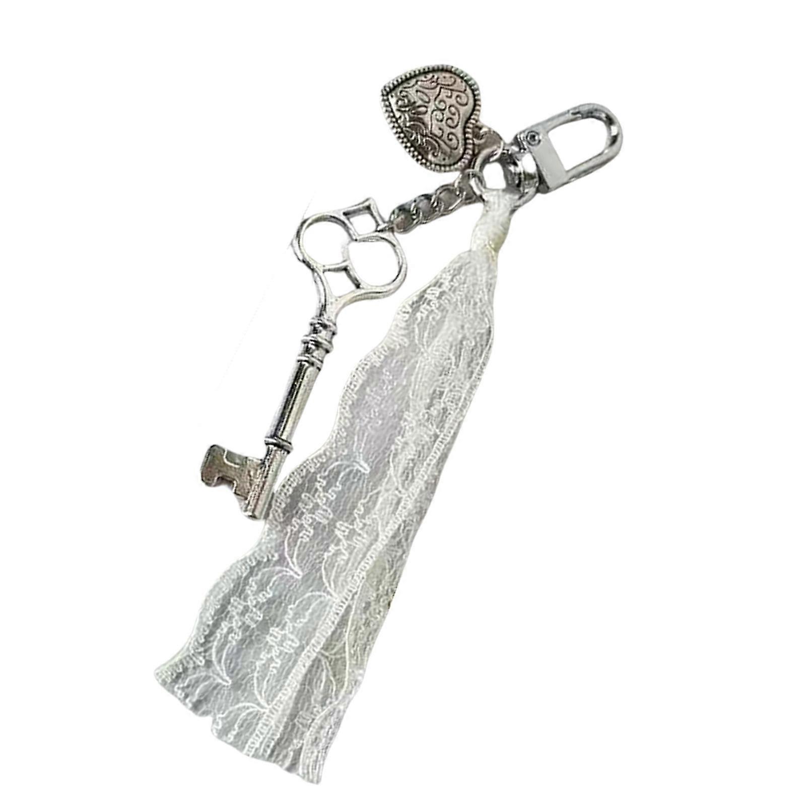 Lace Heart Pattern Key Pendant Keychain Portable Key Accessory Trendy Keyring Stylish Backpack Decoration for Teens White