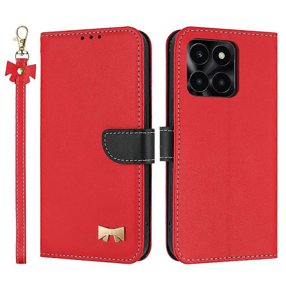 Compatible For Honor X6c 4G Case Bowknot Decor Wallet Leather Phone Cover with Wrist Strap