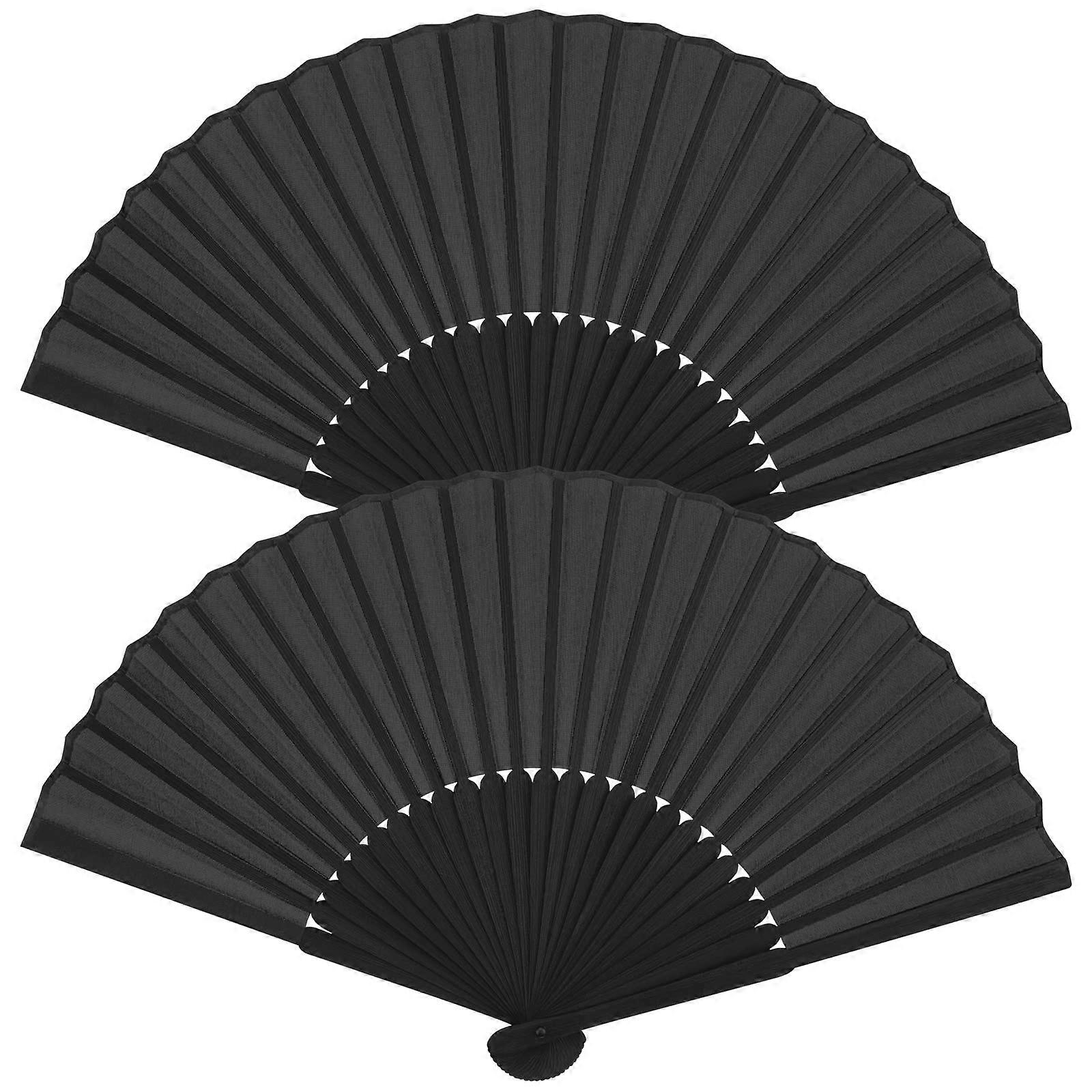 Black Silk Fabric Hand Fans, 2 Pack Folding Handheld Fans for Weddings, Performances, Dancing, and Home Decor