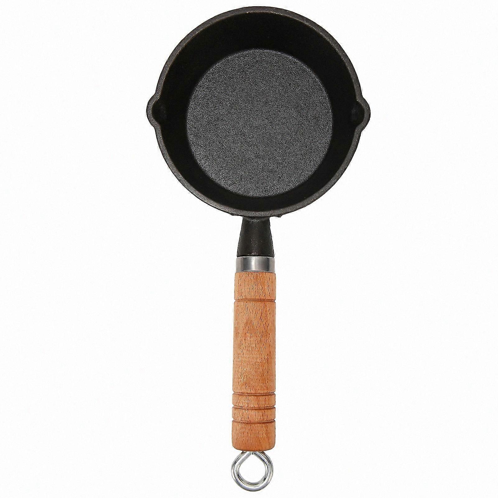 Cast Iron Skillet with Wooden Handle, Stain-Resistant Cookware, Quick Heating, Easy to Clean, 13x4cm Frying Pan with Drip Spouts