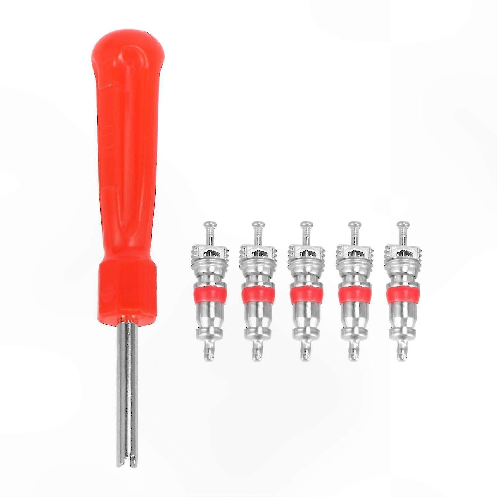 Valve Removal Tool + 5 Replacement Valves for Automotive, Bicycle, and Motorcycle Tires