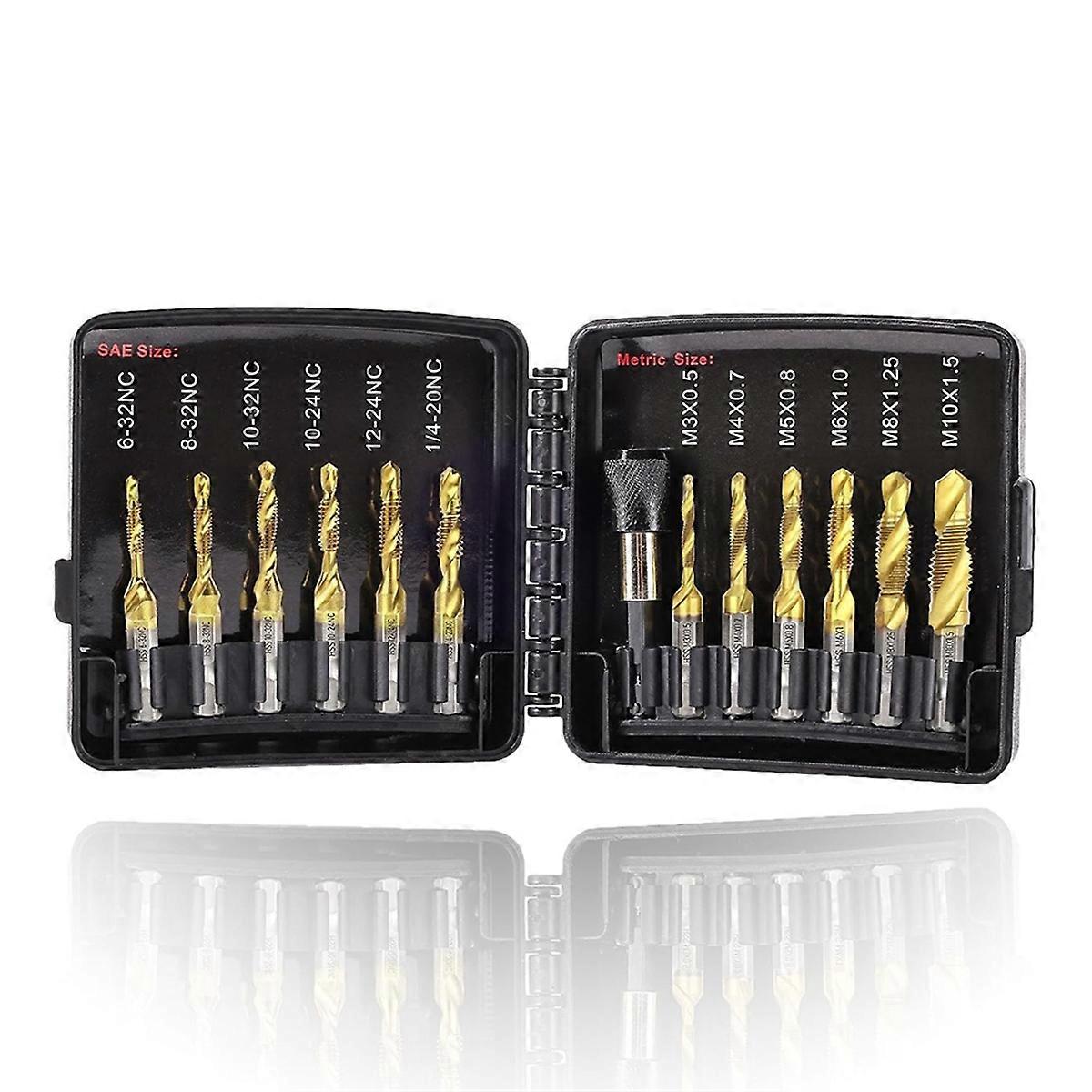 Drill Tap Set with Quick-Change Adapter of 13Pcs, 6 SAE Sizes,