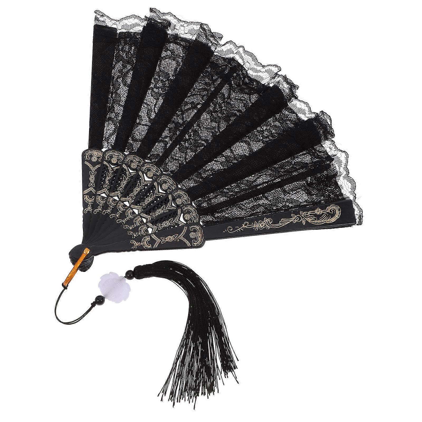Lace Folding Fan Chinese Hand Fan for Decoration 5Pcs Black Tassel Style