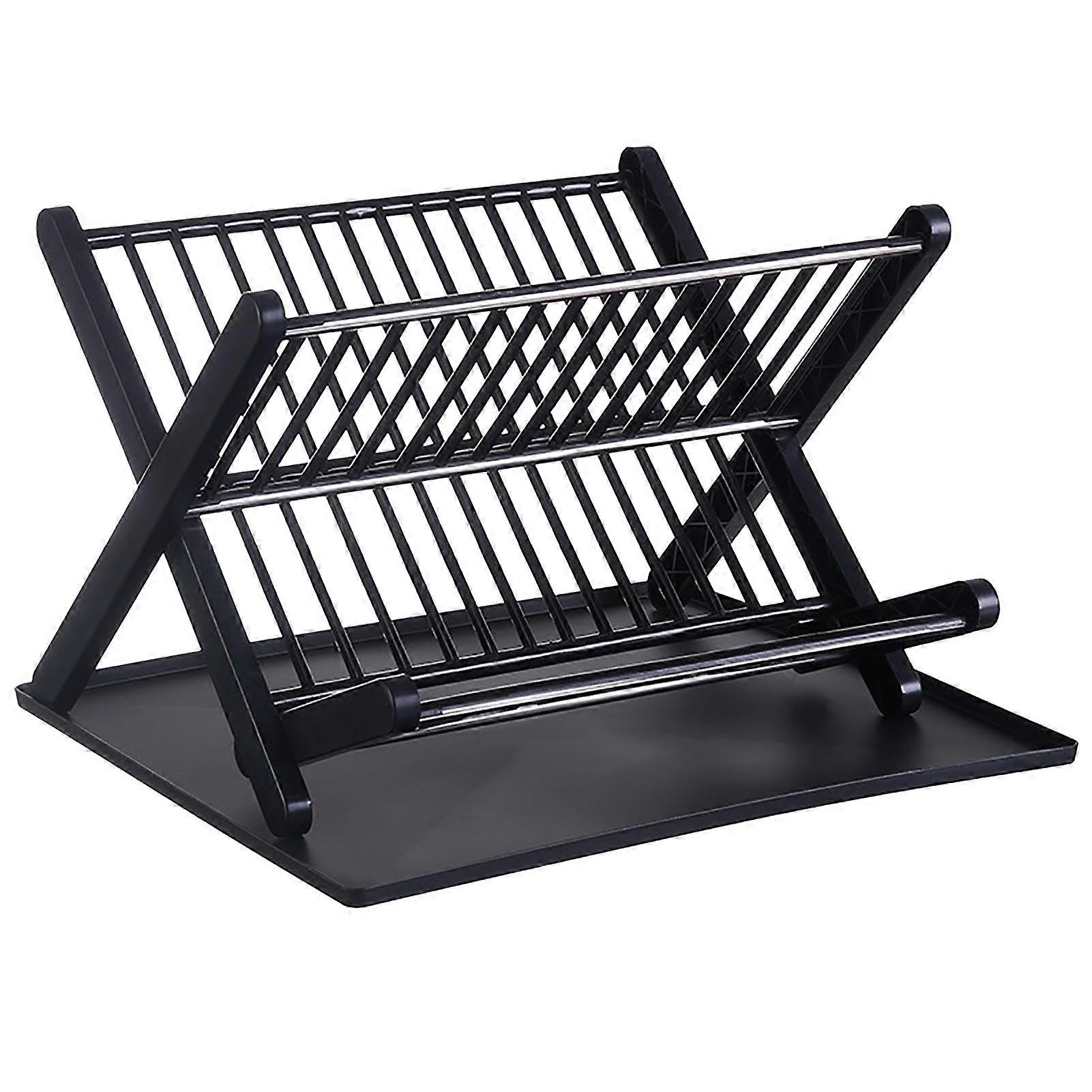 2-Tier Foldable Black Dish Rack Large Capacity 905g Drain Board