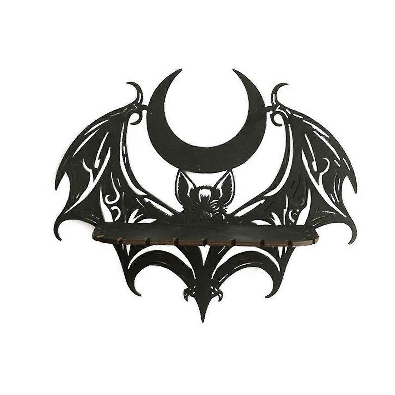 Black Wooden Wall Shelf Gothic Bat Moon Profiling Hollow Pattern Floating Shelf Crystal Holder Goth