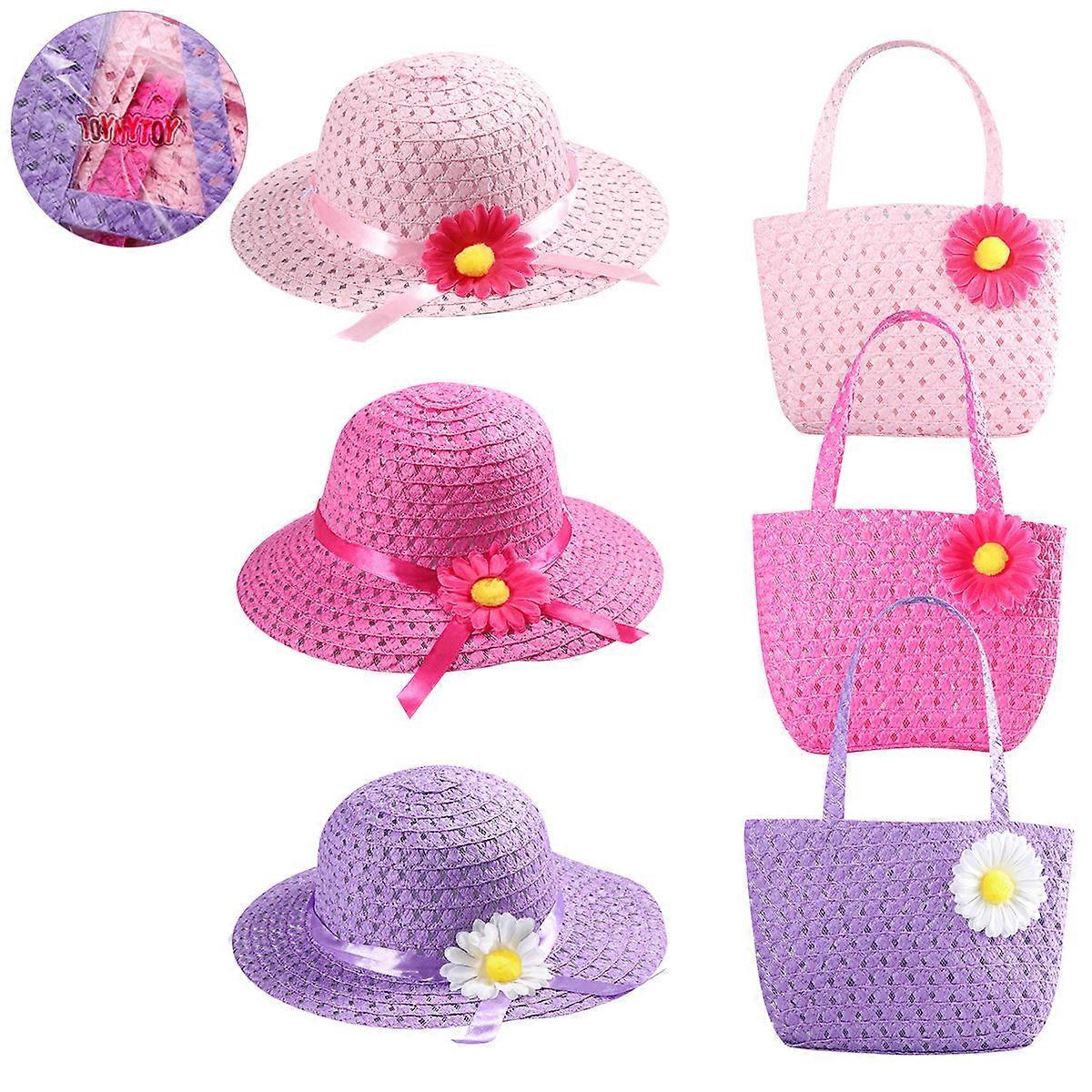 Girls Nice Straw Hat and Handbag Set Summer Beach Use 3Pcs