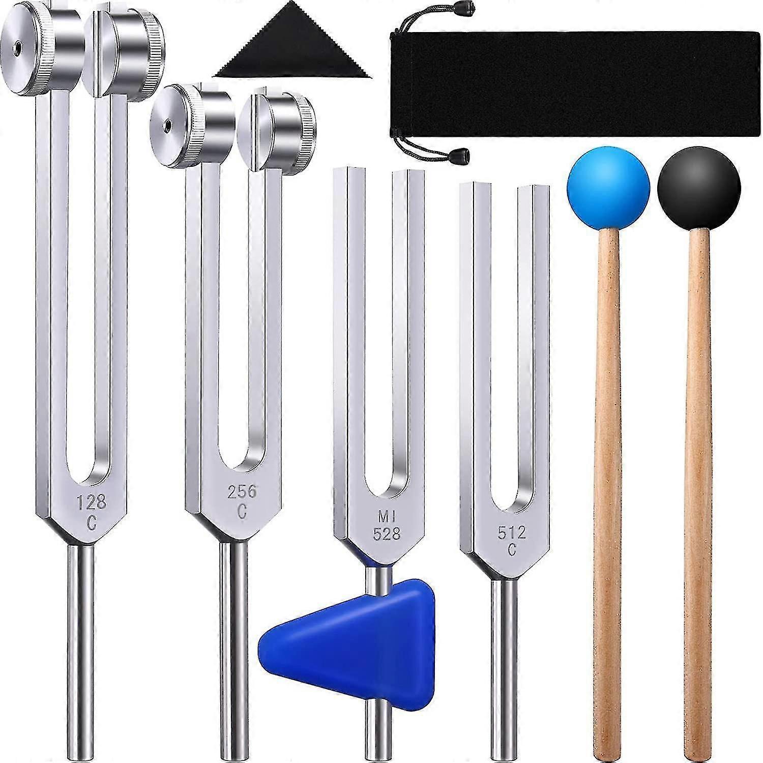 4 Pack Tuning Fork Set(128 Hz,256 Hz,512 Hz,528 Hz)with Tuning Fork Hammer For Sound Healing Sound