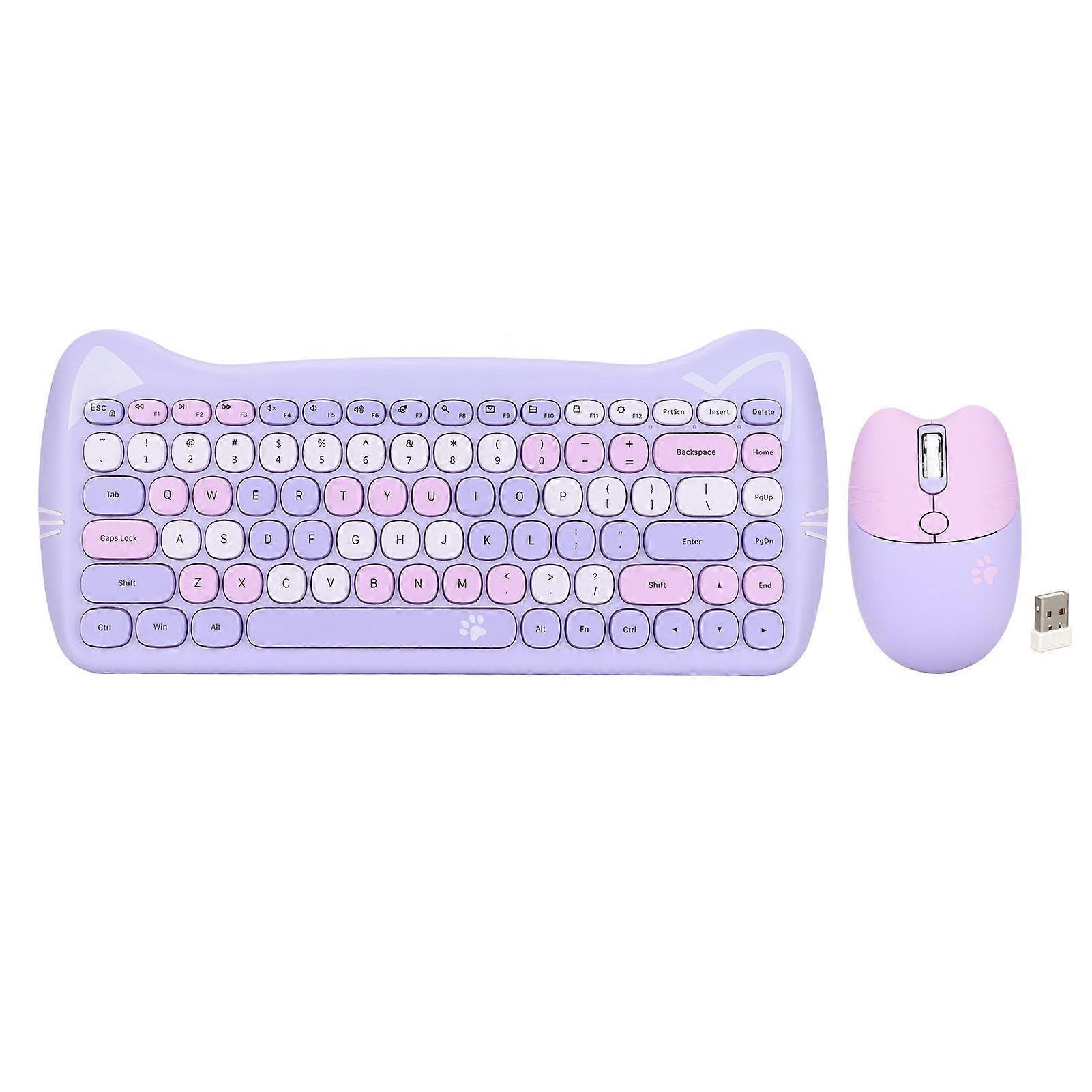 Cute Cat Shape 2.4G Wireless Keyboard and Mouse Colours Low Power Technology Wireless Keyboard Mouse Combo for Gaming Purple Mix