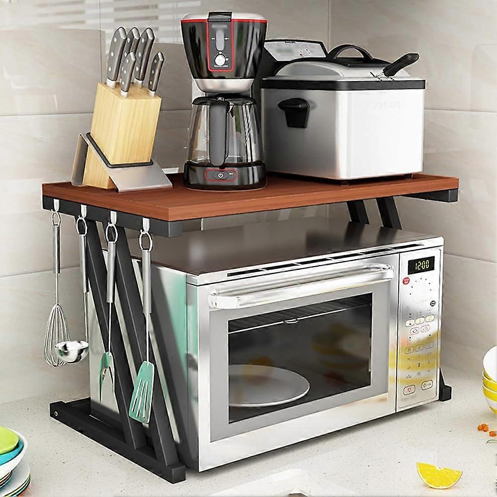 2Tier Microwave Stand, Microwave Countertop Organizer, Standing Spice Rack, Teak Brown Finish, Black Frame