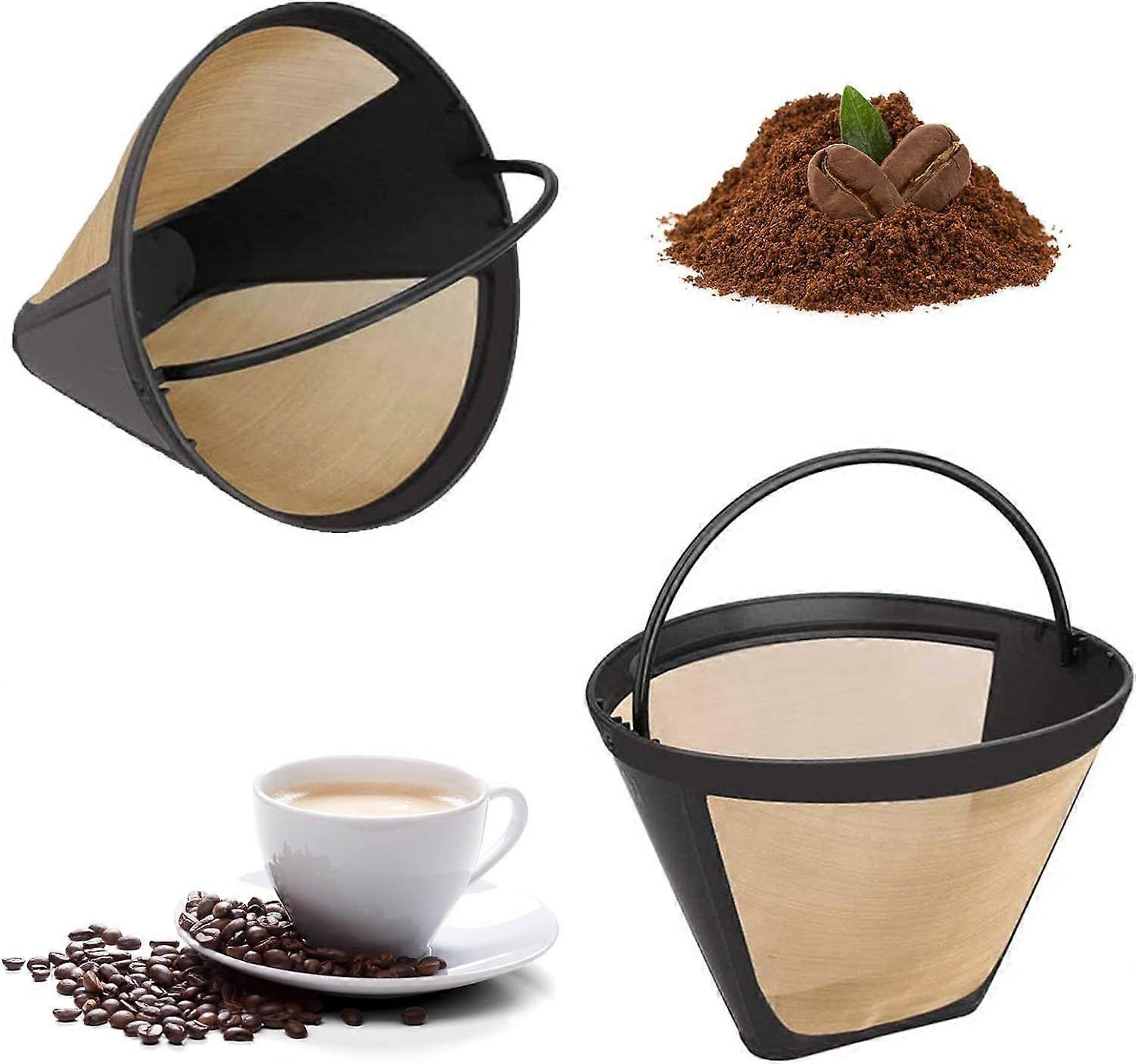 2 Stück wiederverwendbarer Kaffeefilter, Dauerfilter, Universal-Kaffeemaschinenfilter, 100 Mesh Kaffeefilter, Edelstahl 304, mit Griff, 12cm (Gold)