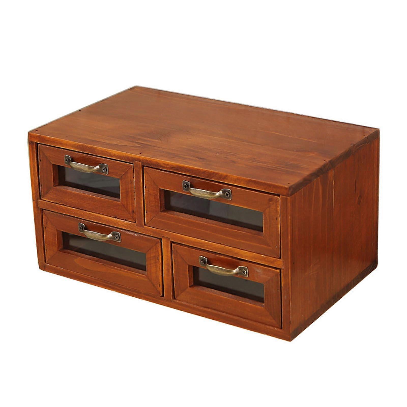 Retro Wooden Storage Cabinet With Glass Front  4Drawer, Solid Wood, Decorative Box For Easy Access And Home Decor