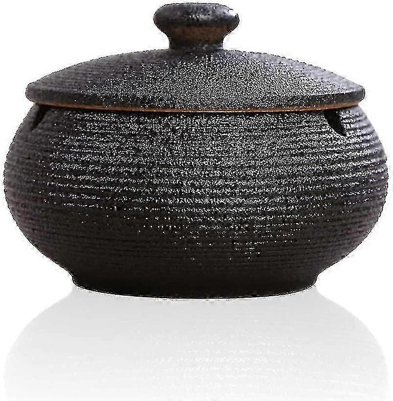 Windproof Ceramic Ashtray - Retro Black with Lid