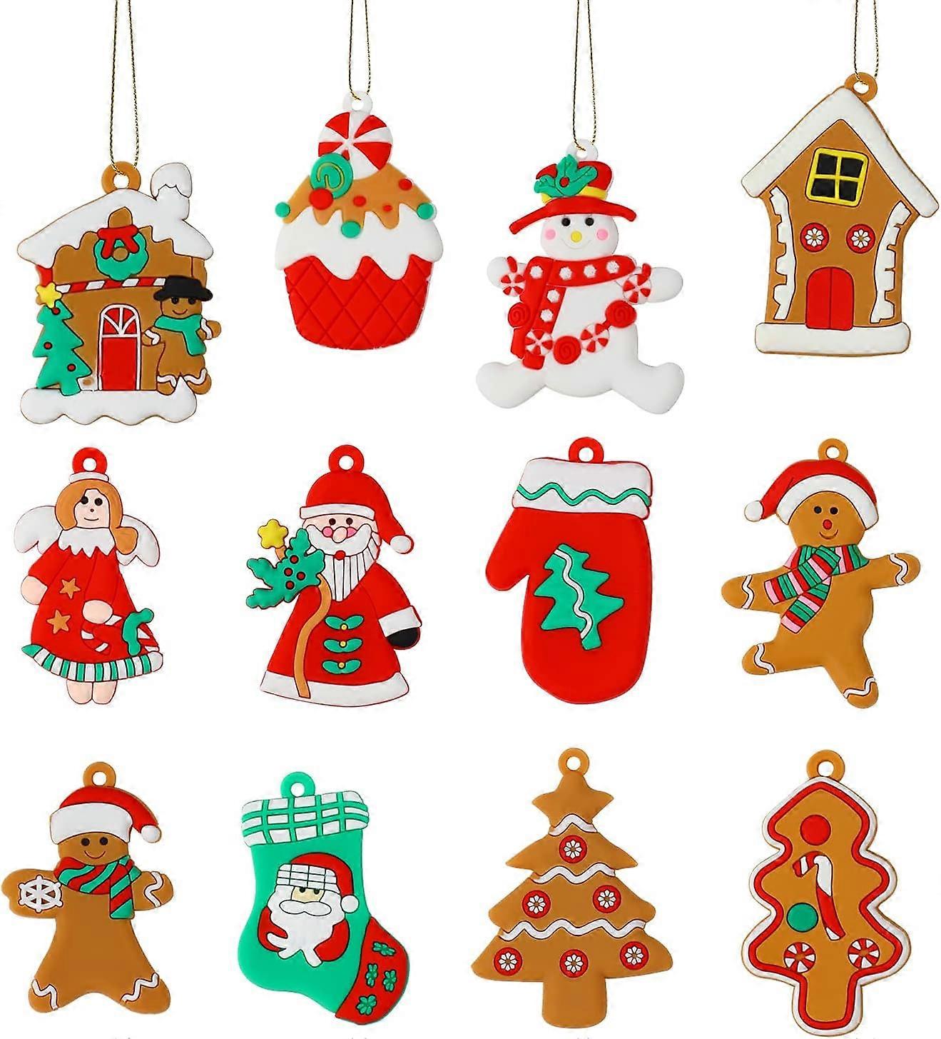 VEYLIN Christmas Gingerbread Ornaments,12 Pack Assorted Santa Claus Snowman Ginger Man Clay Figurine with Strings for Xmas Tree Decorations