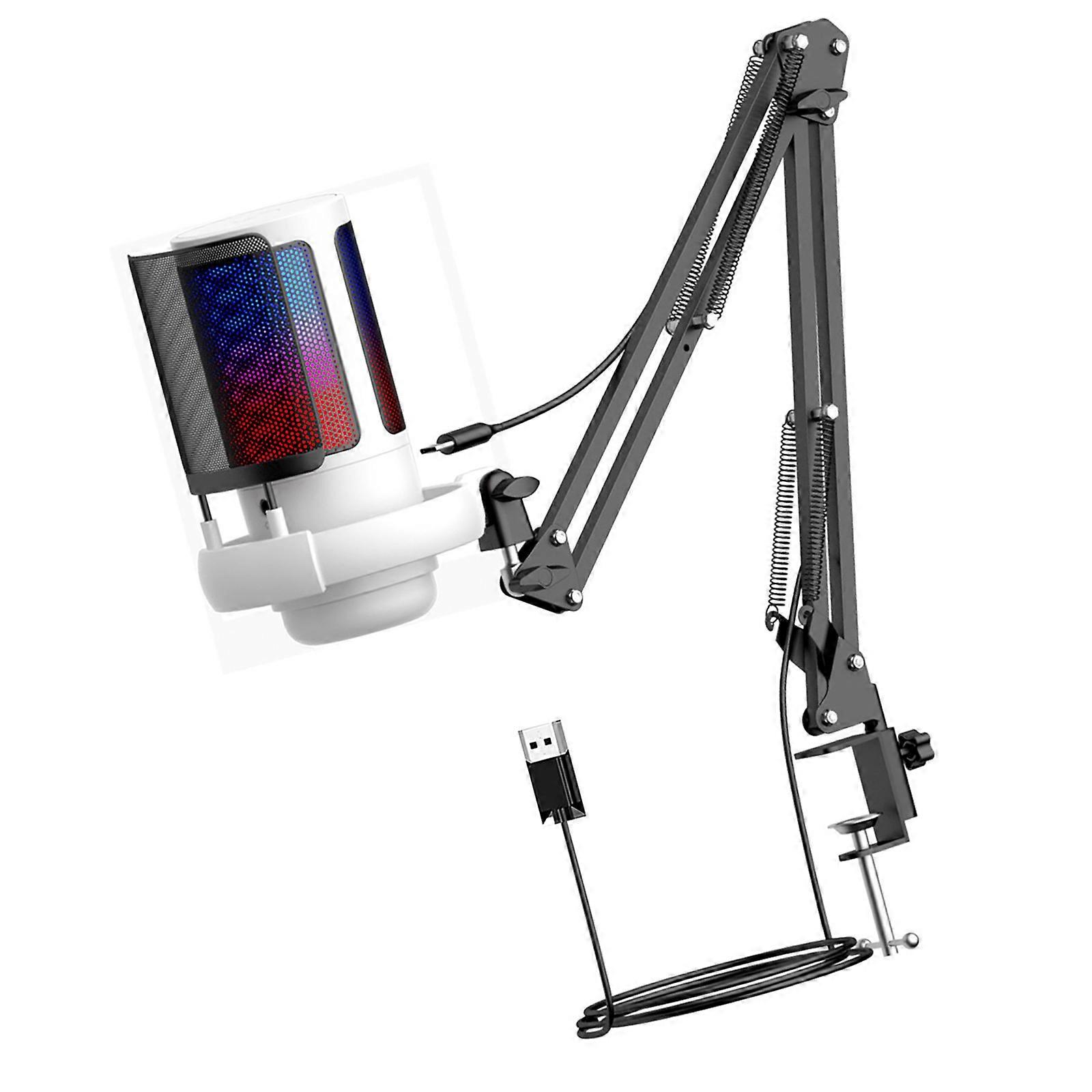USB Kondenser Mikrofon Oyun Mikrofonu 192kHz/24bit Oyuncular için Ayarlanabilir Bom Kolu ve Dinamik Işıklar Beyaz
