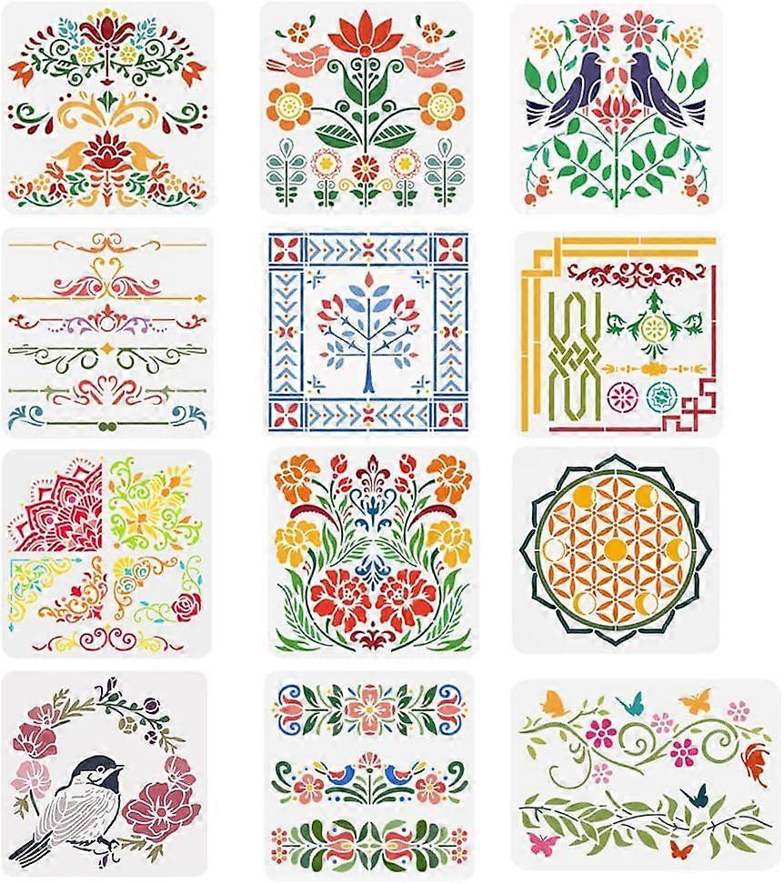 12 Styles Folk Decorative Painting Stencil Templates Floral Bird Pattern Scandinavian Style Reusable Drawing Stencils for DIY Art Craft Wall Canvas Fu