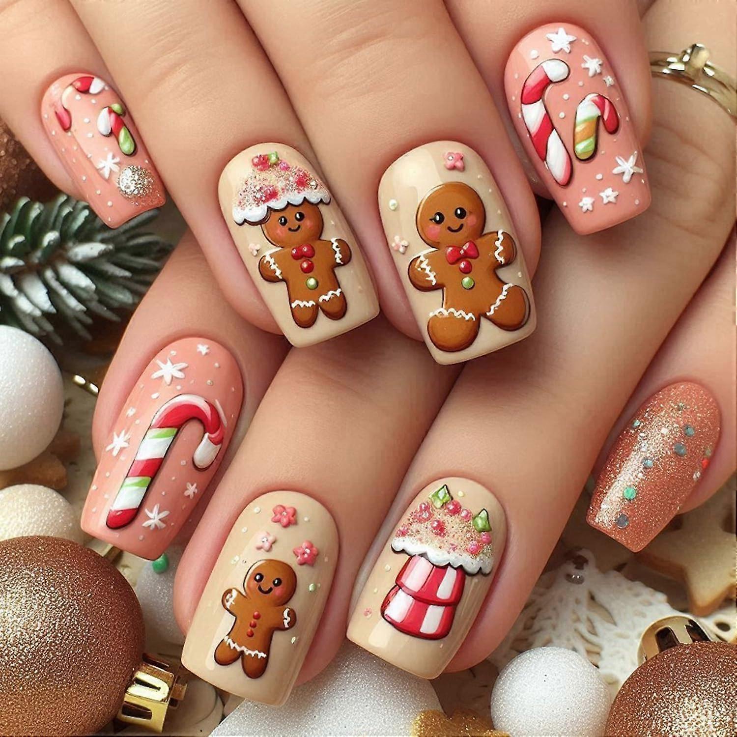 Christmas Coffin Shape Press On Nails Set with Gingerbread and Snowflake Design, Holiday False Nails