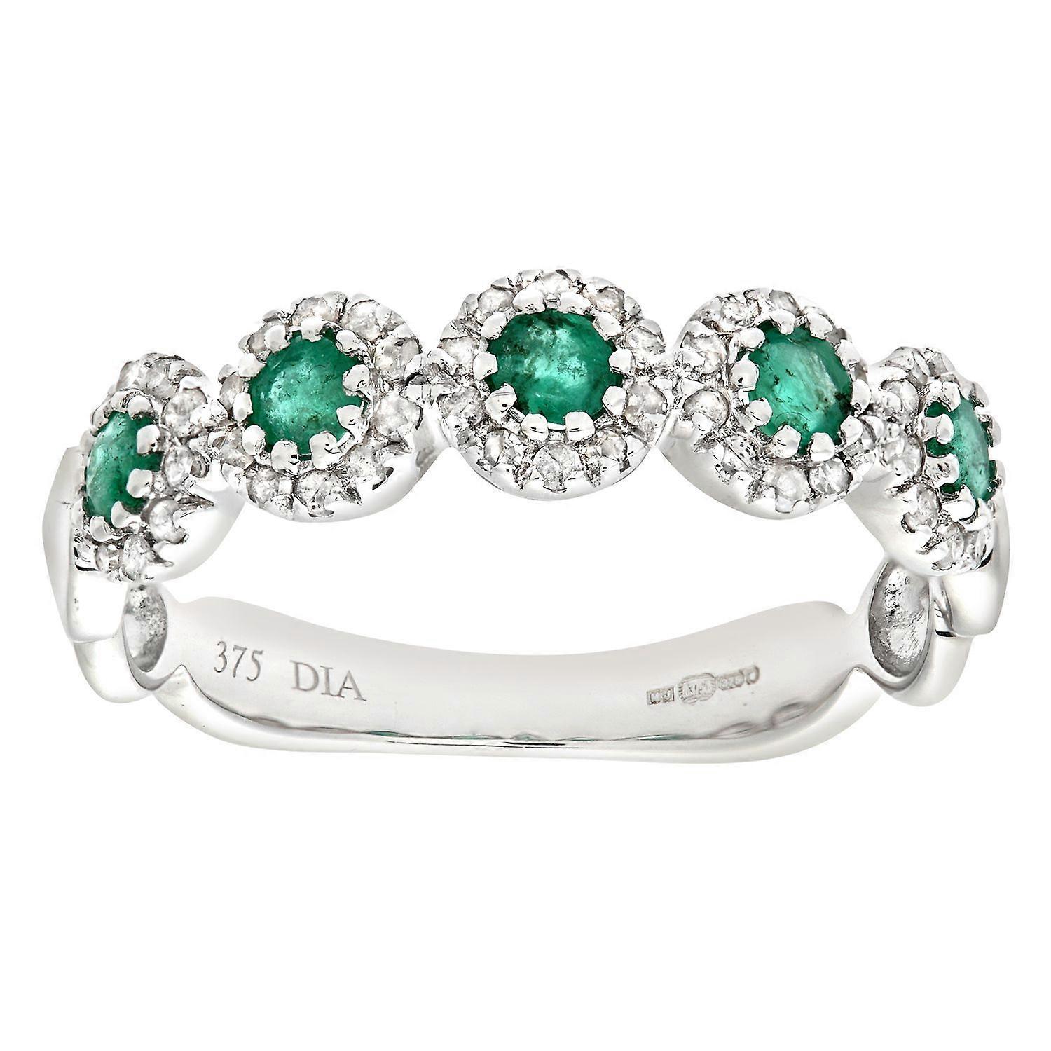 Jewelco London 9ct White Gold 22pts Diamond 0.26ct Emerald Bubble Halo Pentalogy Half Eternity Ring 3mm