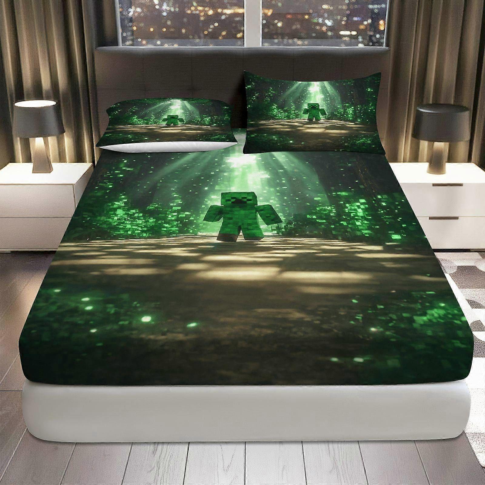 3pcs Pixelated Creeper Night Fitted Sheet Set Gaming Theme