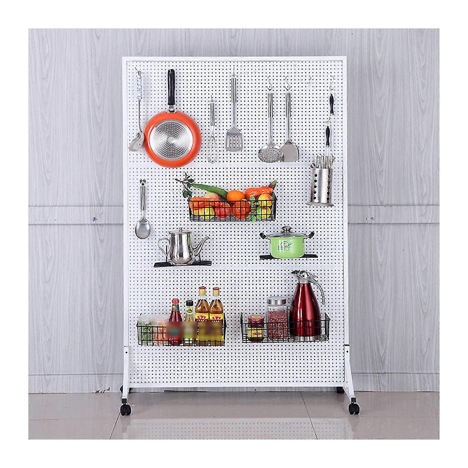 White Movable Metal Pegboard Panel 60x150CM, Heavy Duty Retail Display Rack with Lockable Wheels
