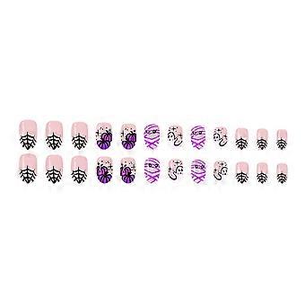 Set di 24 unghie finte a tema zucca di Halloween, colore viola brillante, misure miste, design artistico per feste in maschera, set pronto all'uso, multicolore.