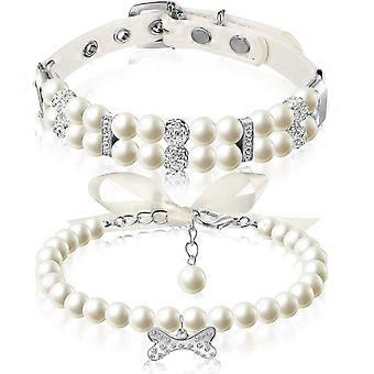 2 Pieces Dog Pearl Collars and Pet Pearl Necklace Set Dog Leather Pearl Collar with Crystal Rhinestone Cat Pearl Neck Strap for Dogs Cats Puppy Kitten