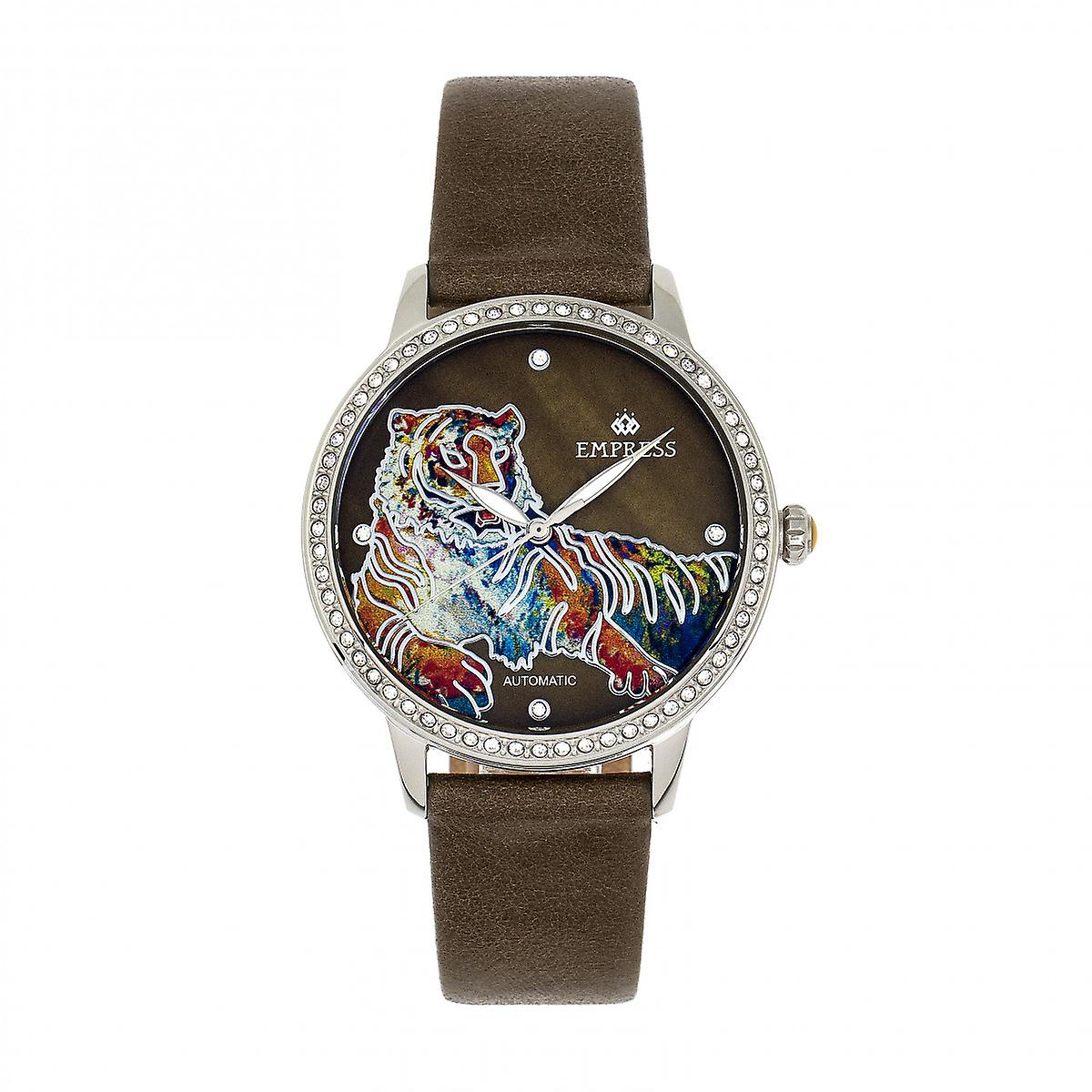 Empress Diana Automatic Engraved MOP Leather-Band Watch - Olive