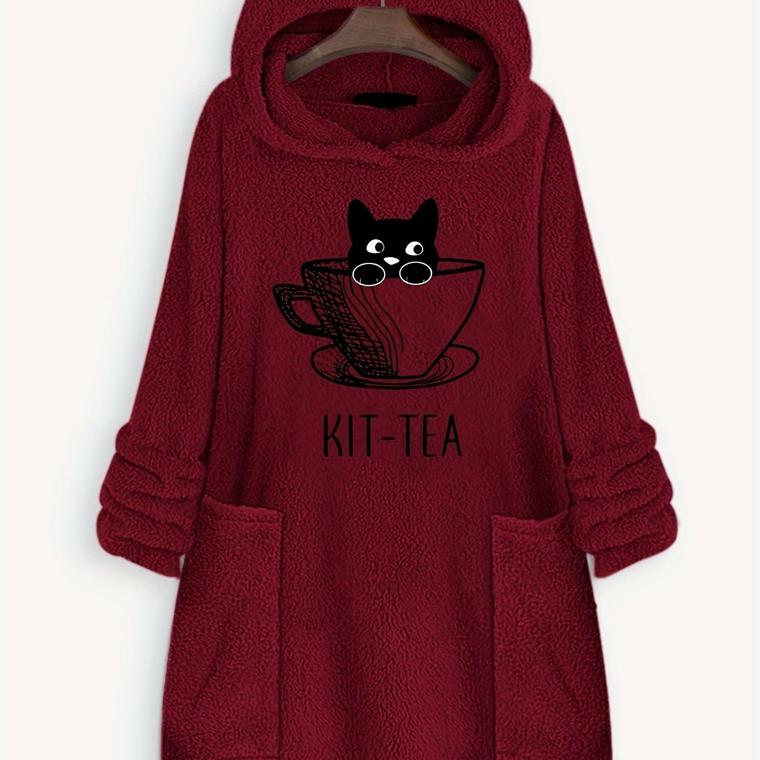 Cat Print Big Pocket Felpa con cappuccio Casual Long Sleeve Felpa felpa Felpa Abbigliamento Donna