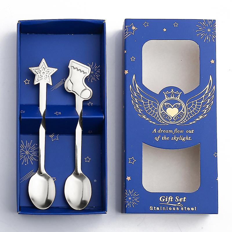 2pcs /Pack Spoon Blue Box Silver Socks+Stars