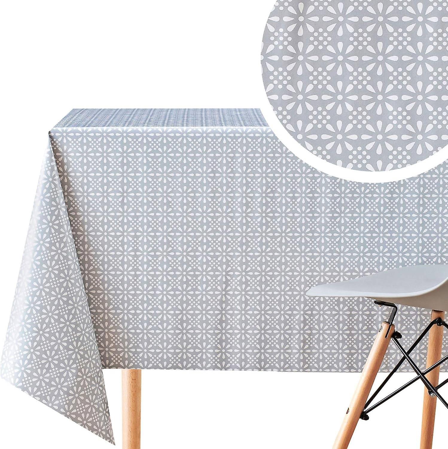  Large PVC Wipe Clean Table Cloth With White Flowers Meadow Retro Gray Plastic Table Cloth - Rectang