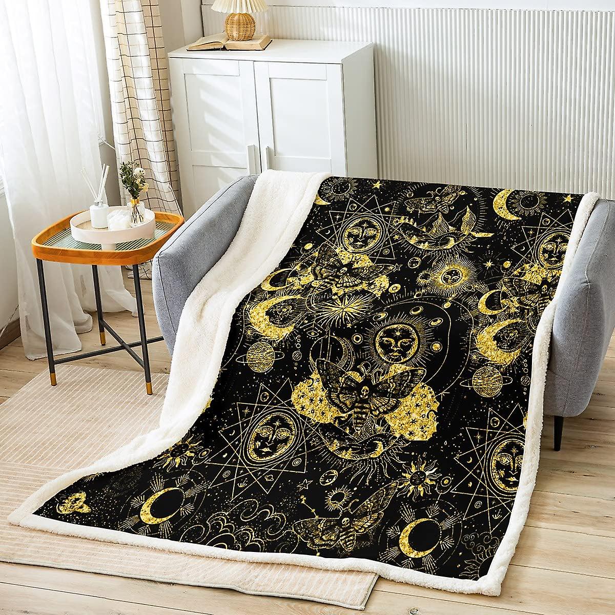Sun and Moon Sherpa Blanket Boho Mandala Throw Blanket for Kids Boys Girls Death Moth Plush Blanket Gold Universe Planet Solar System Fuzzy Blanket fo